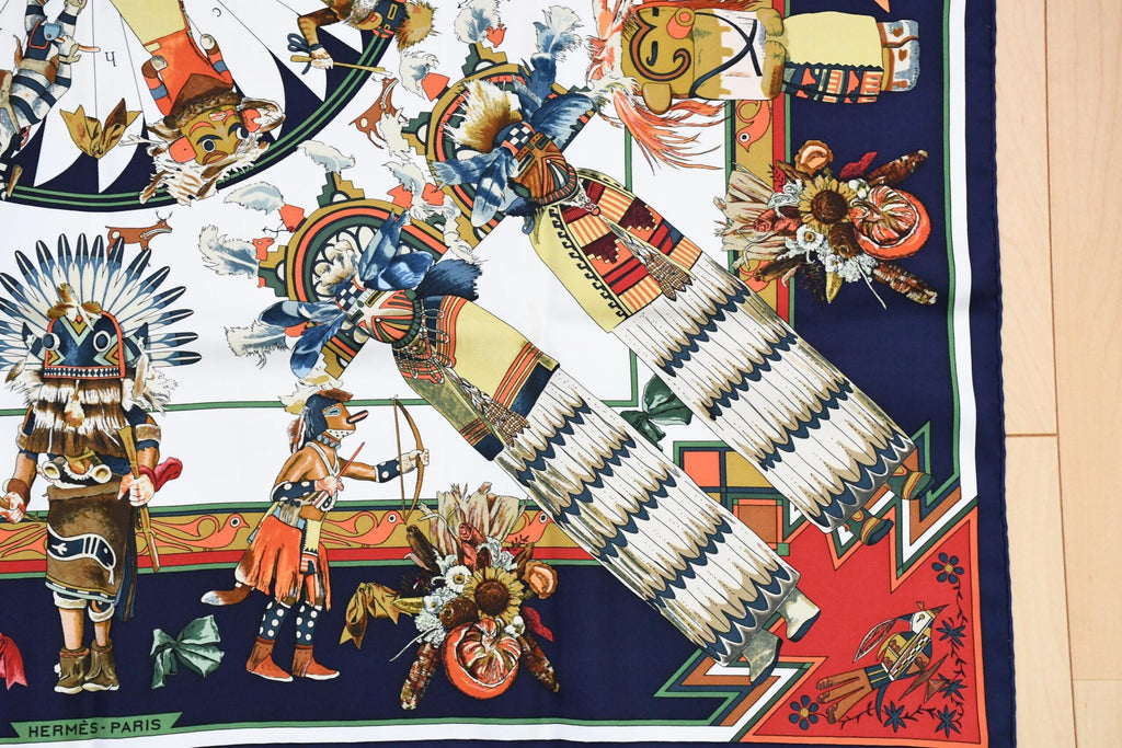 Hermes Scarf Kachina by Kermit Oliver 90 cm silk blue white Carre 35" A053