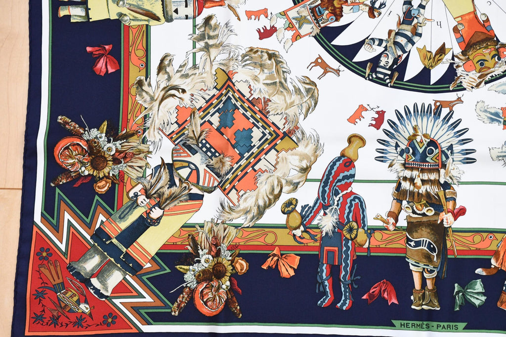 Hermes Scarf Kachina by Kermit Oliver 90 cm silk blue white Carre 35" A053