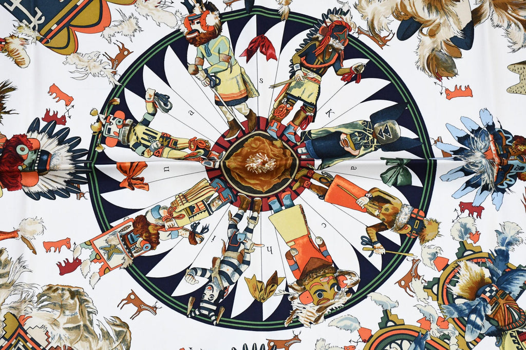 Hermes Scarf Kachina by Kermit Oliver 90 cm silk blue white Carre 35" A053