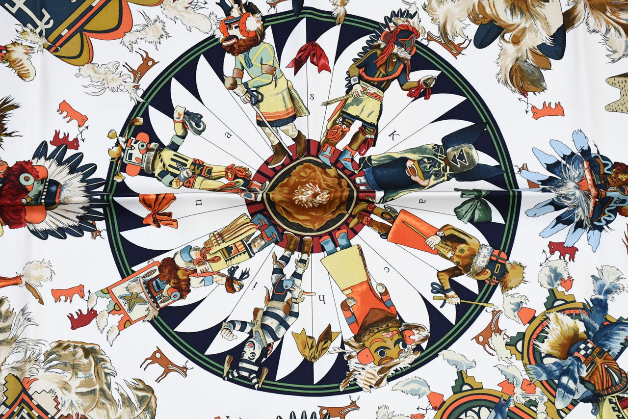 Hermes Scarf Kachina by Kermit Oliver 90 cm silk blue white Carre 35" A053