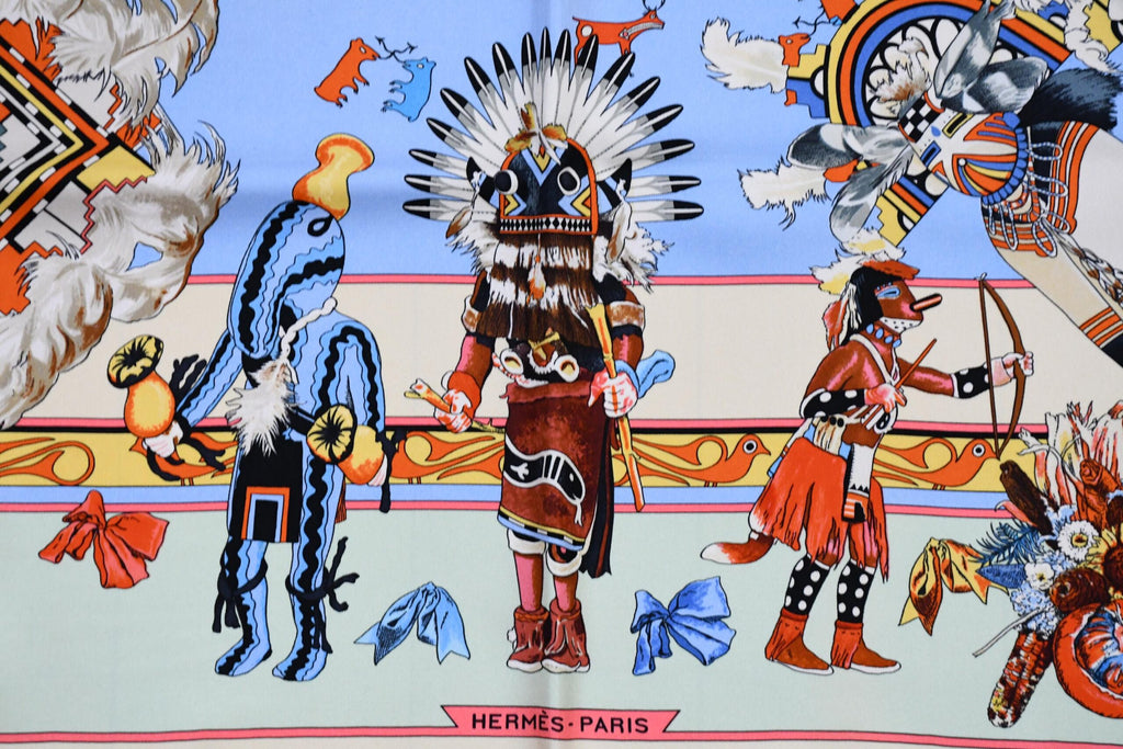 Hermes Scarf Kachina by Kermit Oliver 90 cm silk light blue Carre 35" AUC03