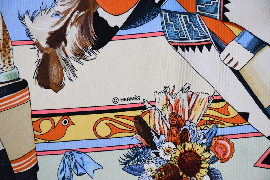 Hermes Scarf Kachina by Kermit Oliver 90 cm silk light blue Carre 35" AUC03