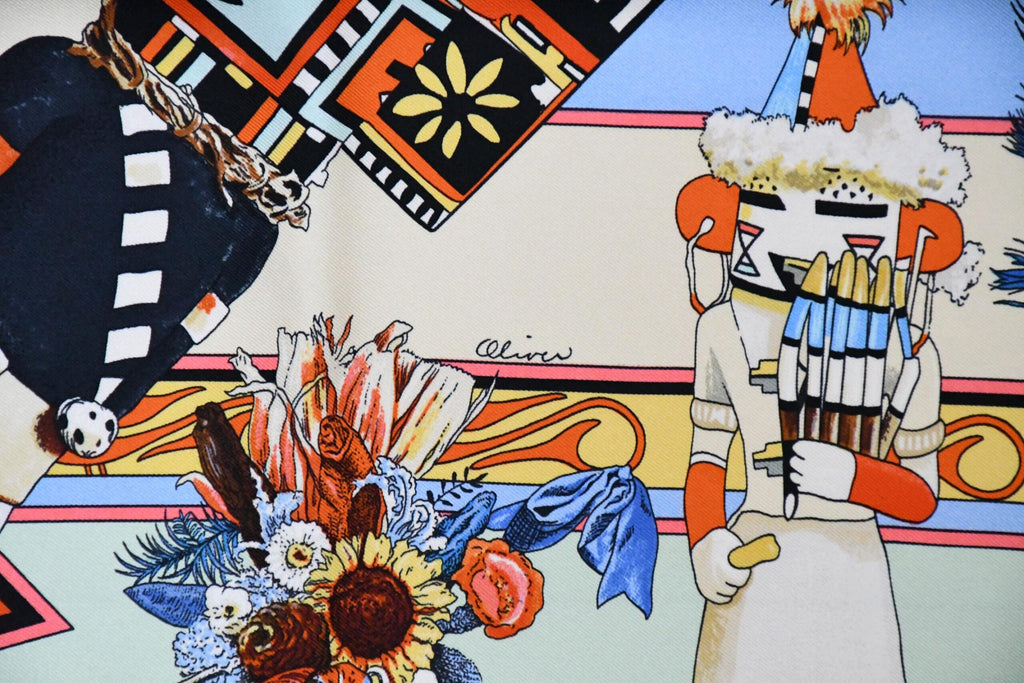 Hermes Scarf Kachina by Kermit Oliver 90 cm silk light blue Carre 35" AUC03