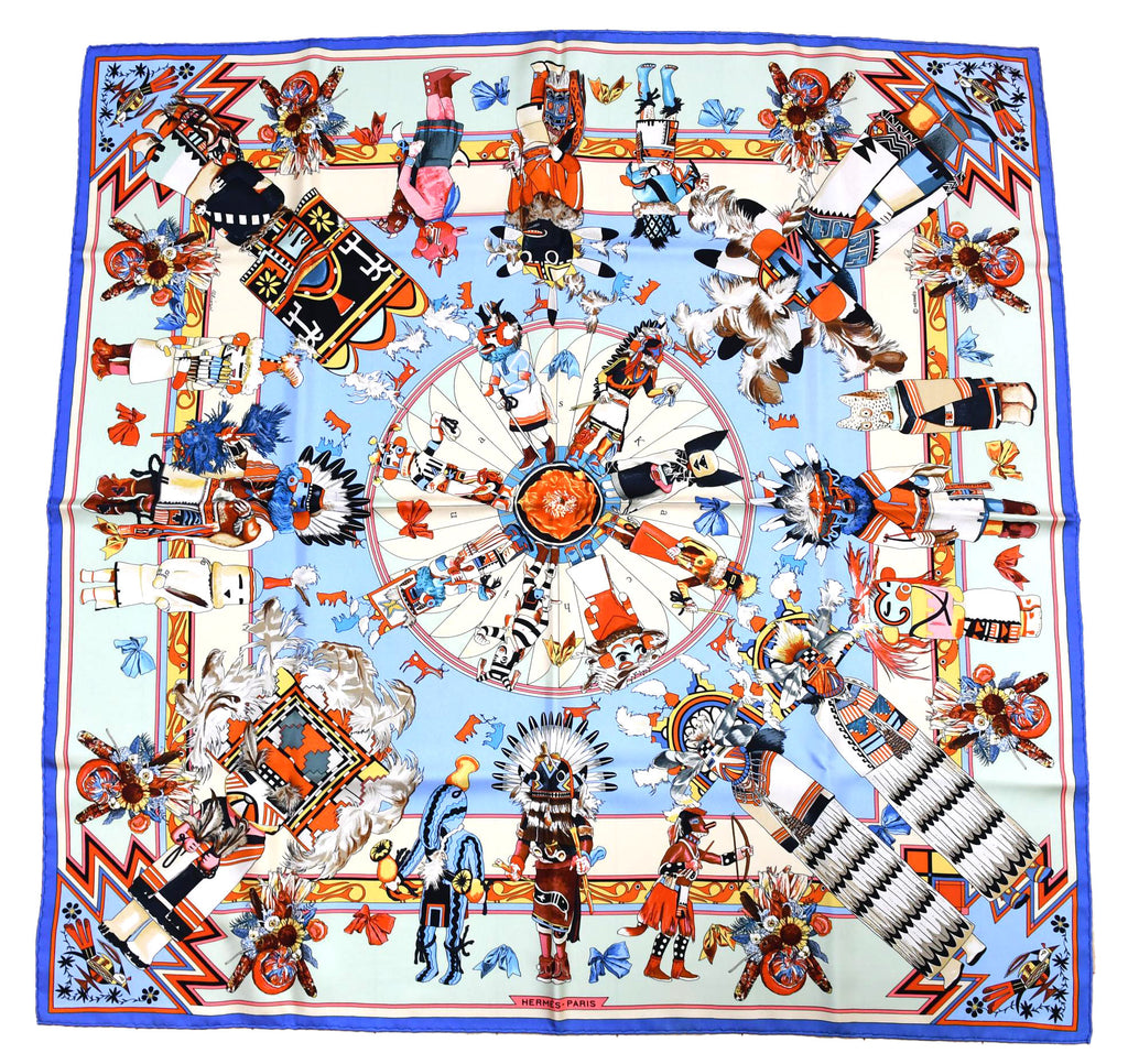 Hermes Scarf Kachina by Kermit Oliver 90 cm silk light blue Carre 35" AUC03