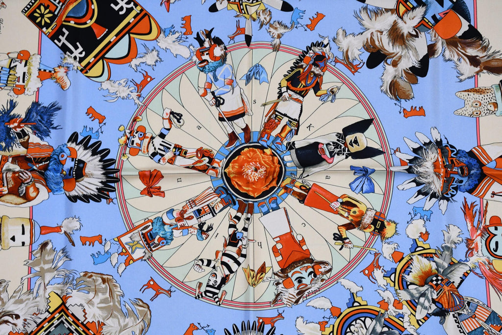Hermes Scarf Kachina by Kermit Oliver 90 cm silk light blue Carre 35" AUC03