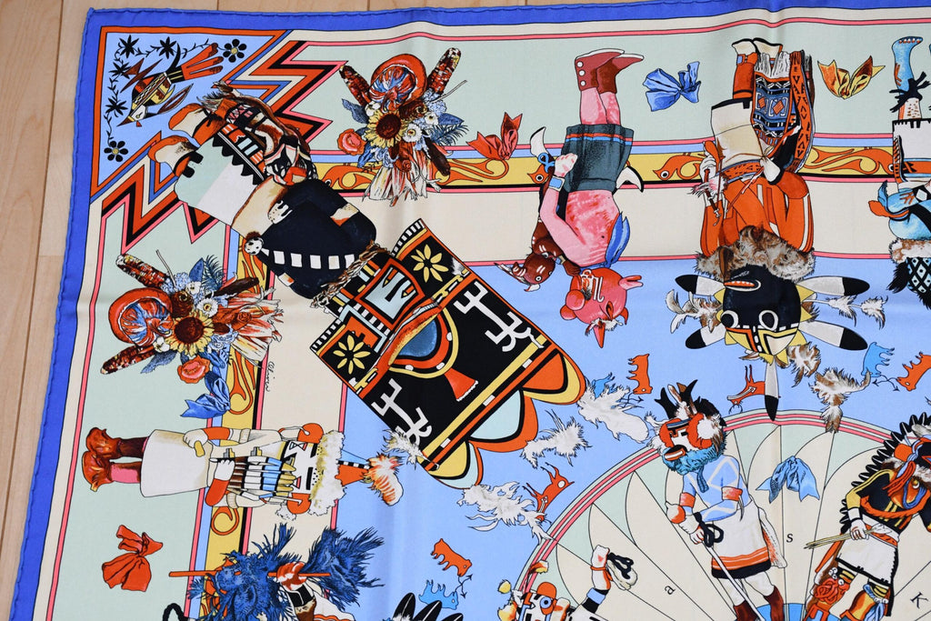 Hermes Scarf Kachina by Kermit Oliver 90 cm silk light blue Carre 35" AUC03