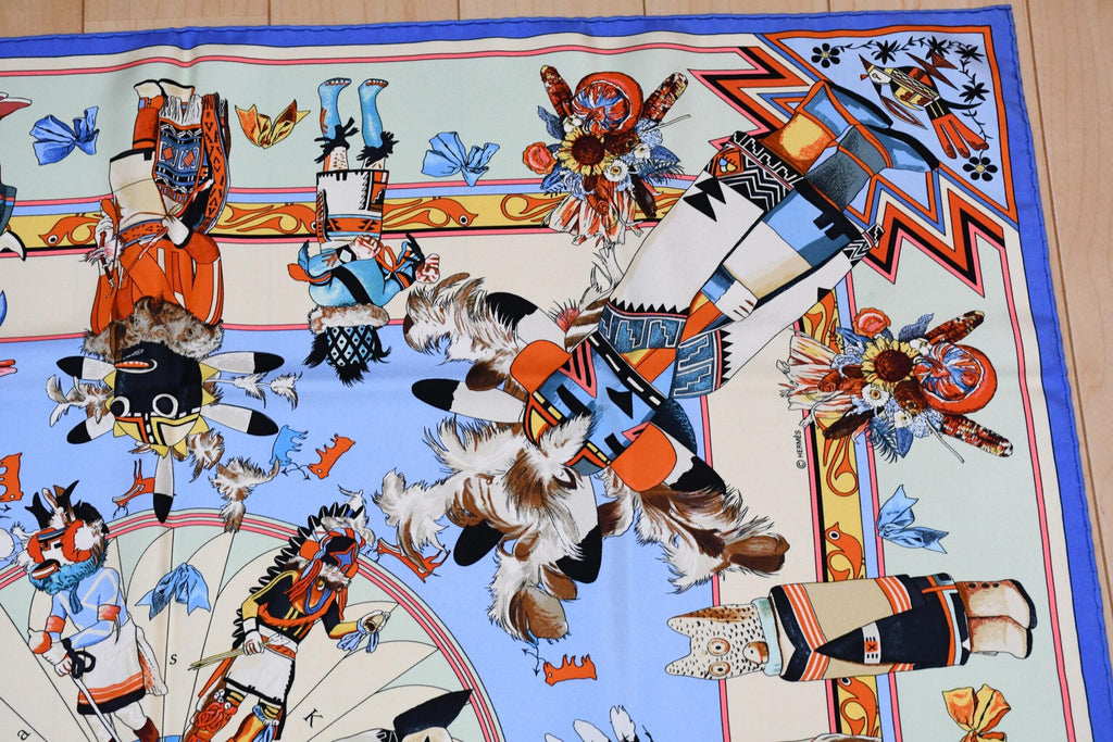 Hermes Scarf Kachina by Kermit Oliver 90 cm silk light blue Carre 35" AUC03