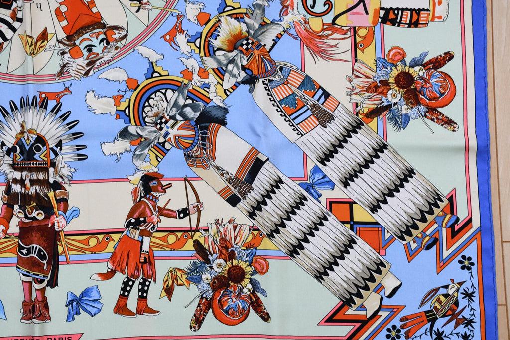 Hermes Scarf Kachina by Kermit Oliver 90 cm silk light blue Carre 35" AUC03