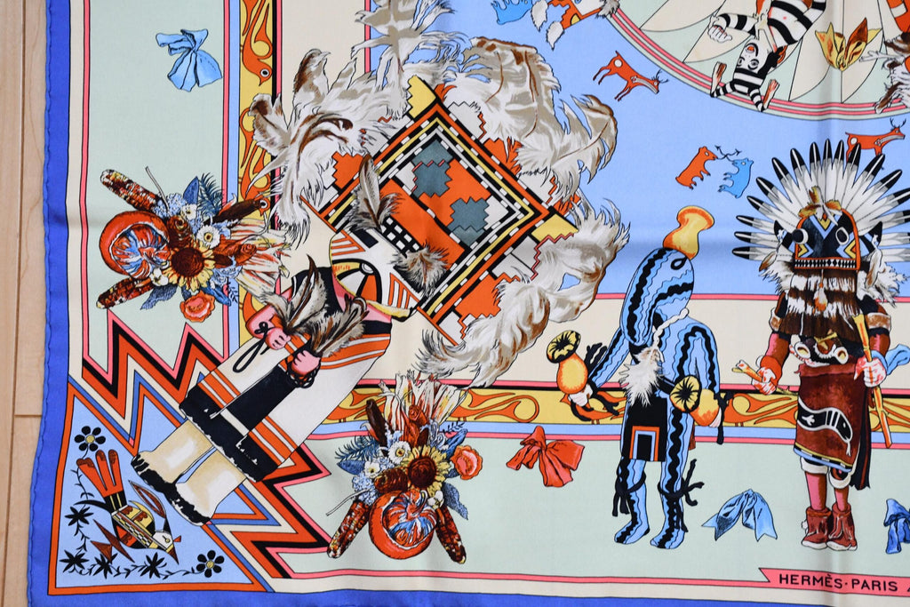 Hermes Scarf Kachina by Kermit Oliver 90 cm silk light blue Carre 35" AUC03