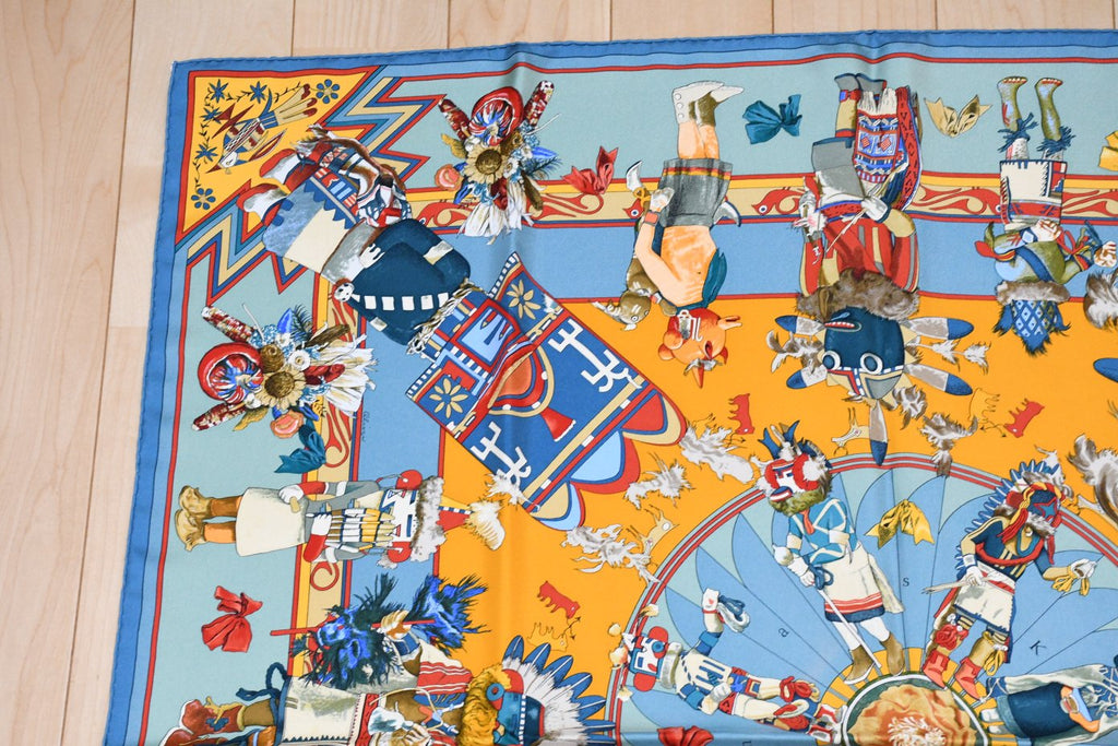 Hermes Scarf Kachina by Kermit Oliver 90 cm silk light blue Carre 35"