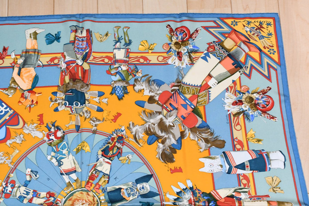 Hermes Scarf Kachina by Kermit Oliver 90 cm silk light blue Carre 35"