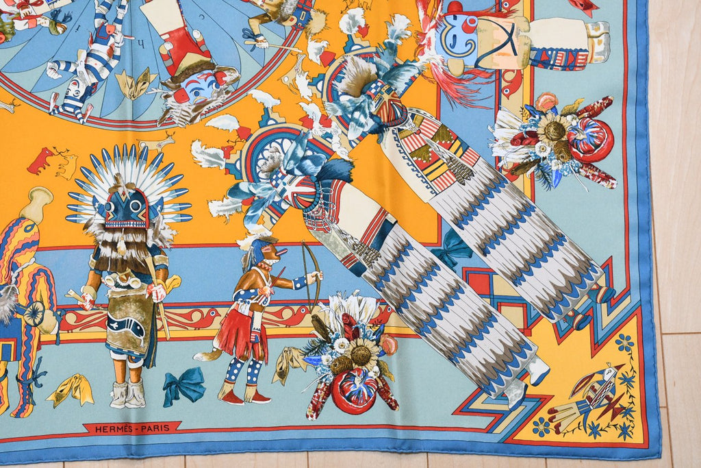 Hermes Scarf Kachina by Kermit Oliver 90 cm silk light blue Carre 35"