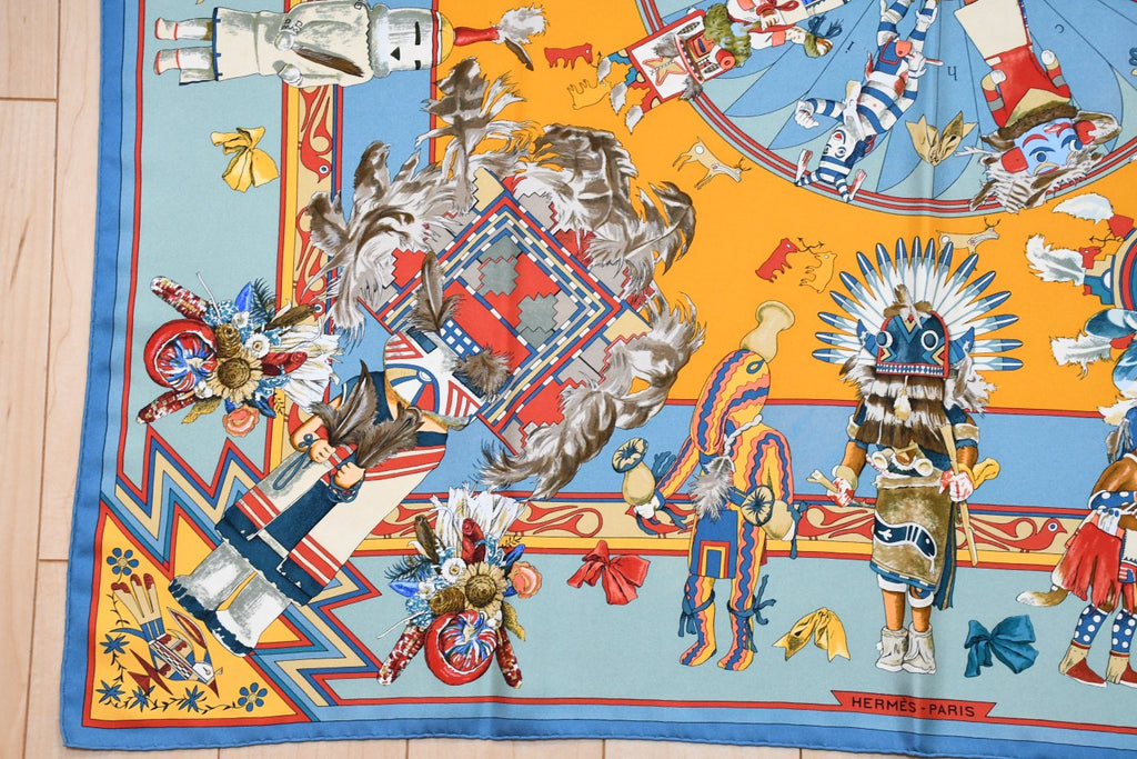 Hermes Scarf Kachina by Kermit Oliver 90 cm silk light blue Carre 35"