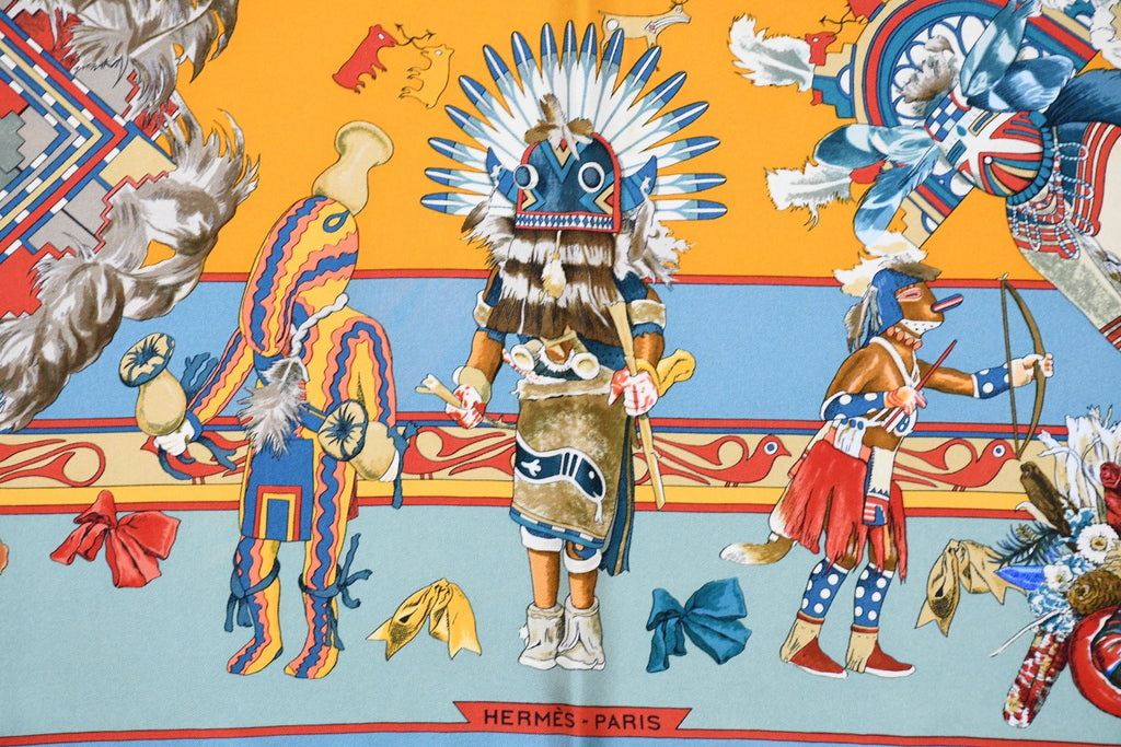 Hermes Scarf Kachina by Kermit Oliver 90 cm silk light blue Carre 35"