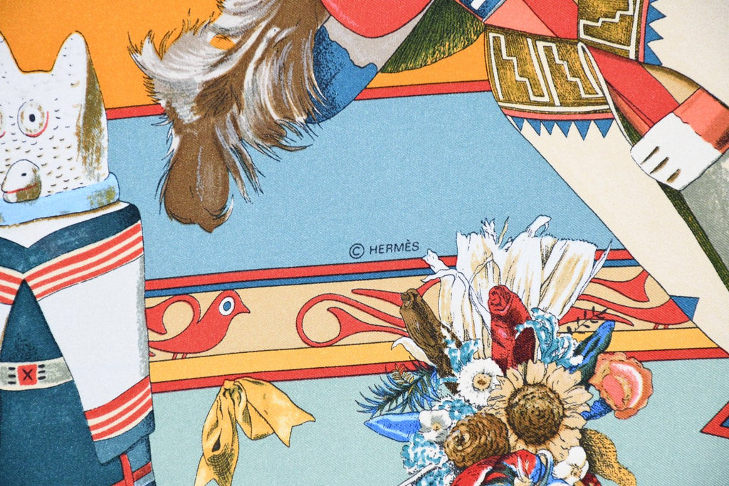 Hermes Scarf Kachina by Kermit Oliver 90 cm silk light blue Carre 35"