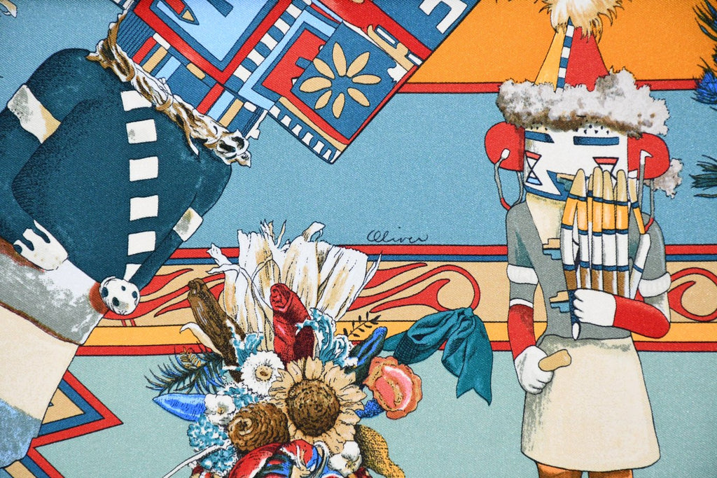 Hermes Scarf Kachina by Kermit Oliver 90 cm silk light blue Carre 35"