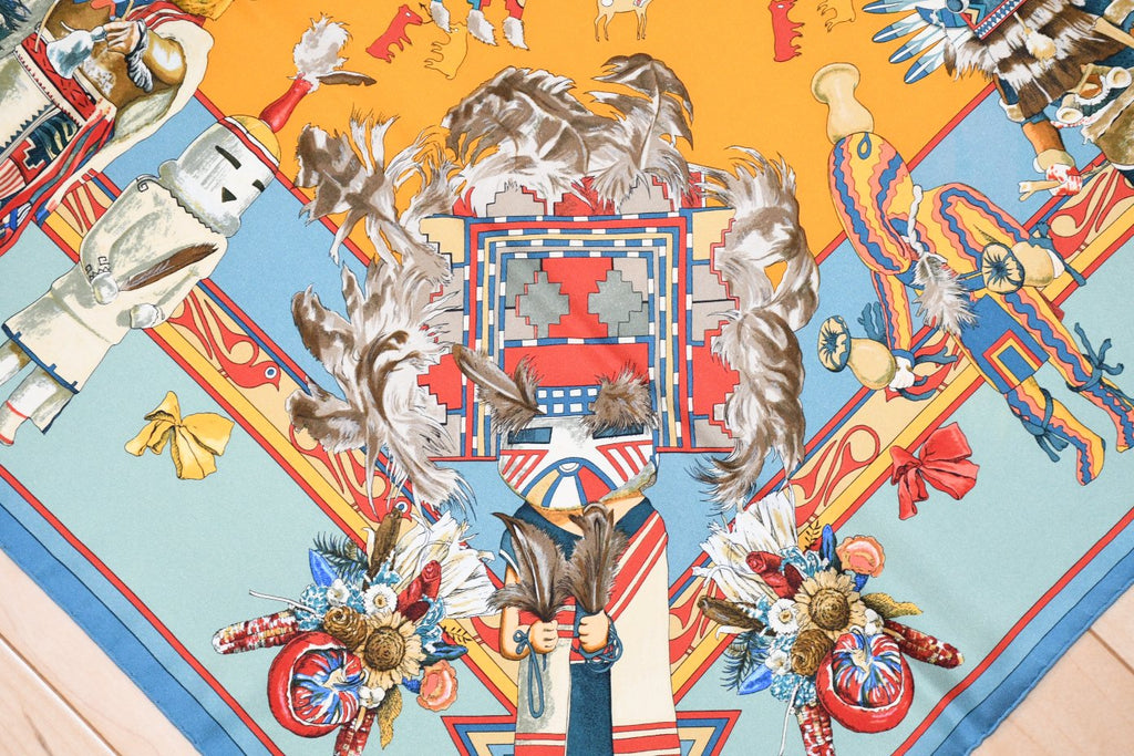 Hermes Scarf Kachina by Kermit Oliver 90 cm silk light blue Carre 35"