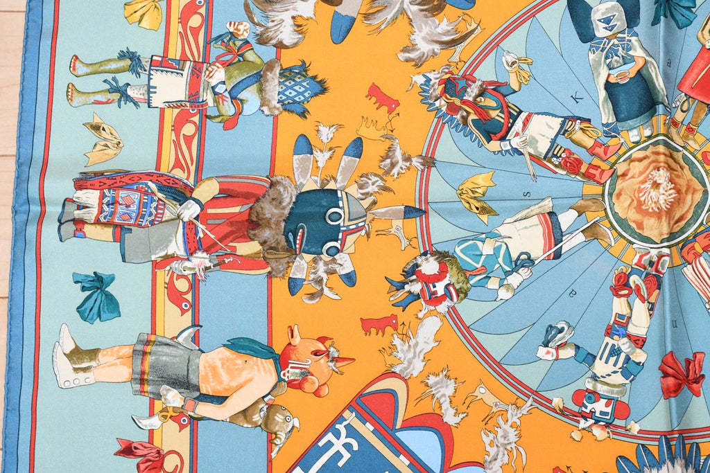 Hermes Scarf Kachina by Kermit Oliver 90 cm silk light blue Carre 35"