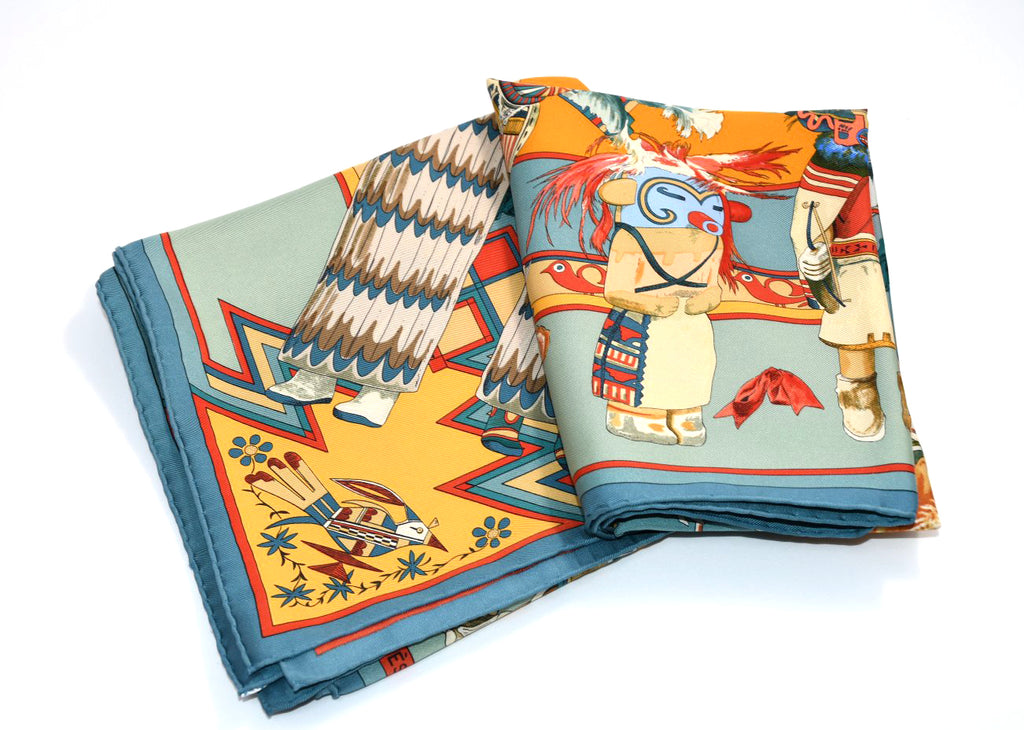 Hermes Scarf Kachina by Kermit Oliver 90 cm silk light blue Carre 35"