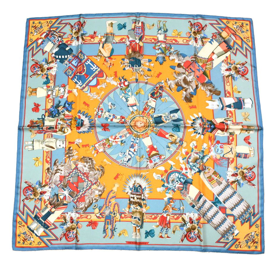 Hermes Scarf Kachina by Kermit Oliver 90 cm silk light blue Carre 35"