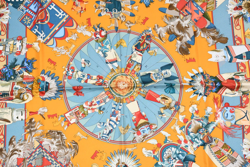 Hermes Scarf Kachina by Kermit Oliver 90 cm silk light blue Carre 35"