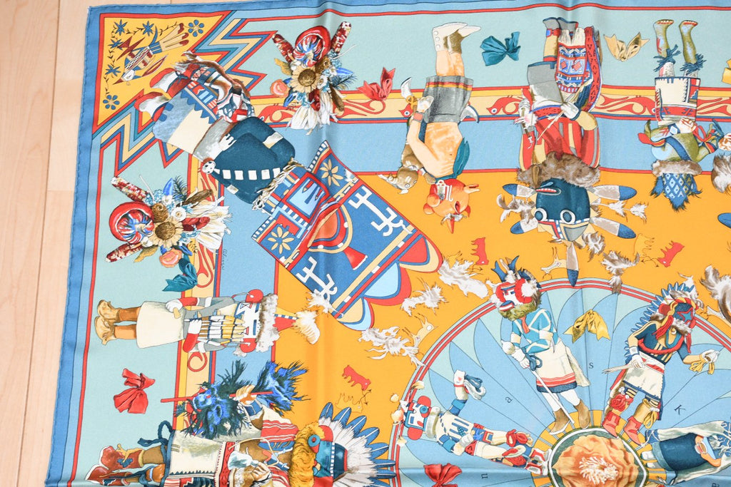 Hermes Scarf Kachina by Kermit Oliver 90 cm silk light blue Carre 35"