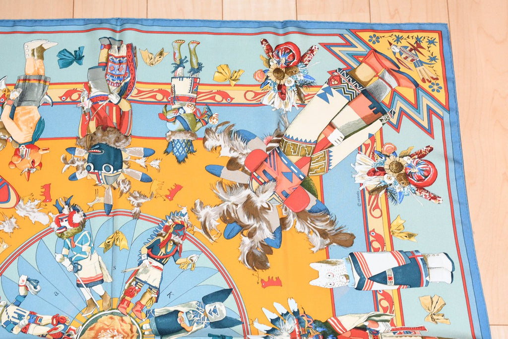 Hermes Scarf Kachina by Kermit Oliver 90 cm silk light blue Carre 35"