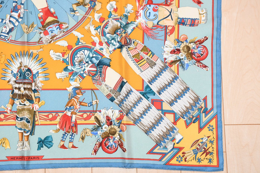 Hermes Scarf Kachina by Kermit Oliver 90 cm silk light blue Carre 35"