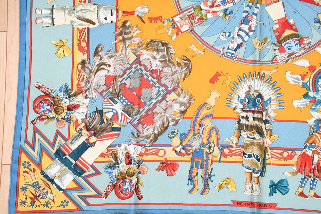 Hermes Scarf Kachina by Kermit Oliver 90 cm silk light blue Carre 35"
