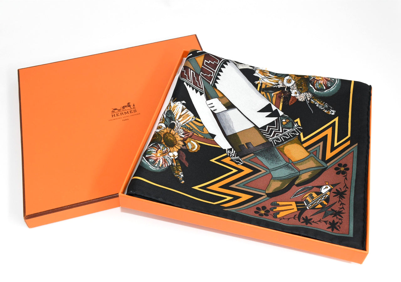 Hermes Scarf Kachina by Kermit Oliver 90 cm silk native black Carre 35" 034