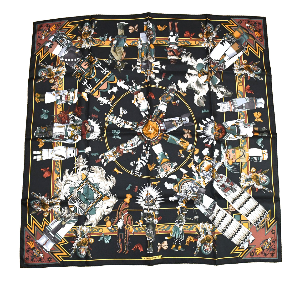 Hermes Scarf Kachina by Kermit Oliver 90 cm silk native black Carre 35" 034