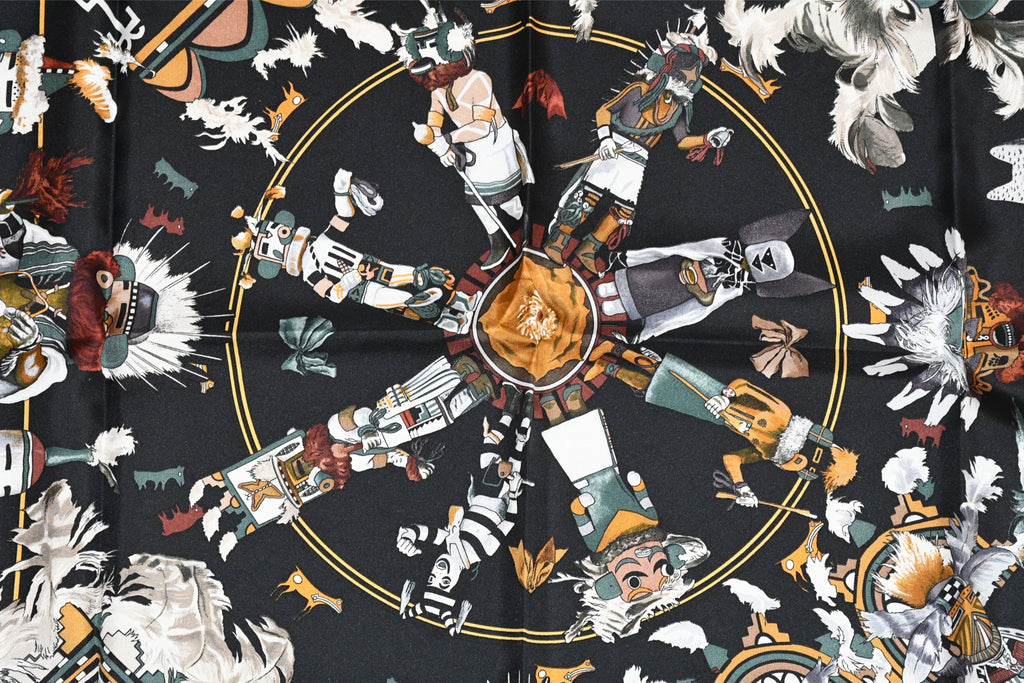Hermes Scarf Kachina by Kermit Oliver 90 cm silk native black Carre 35" 034