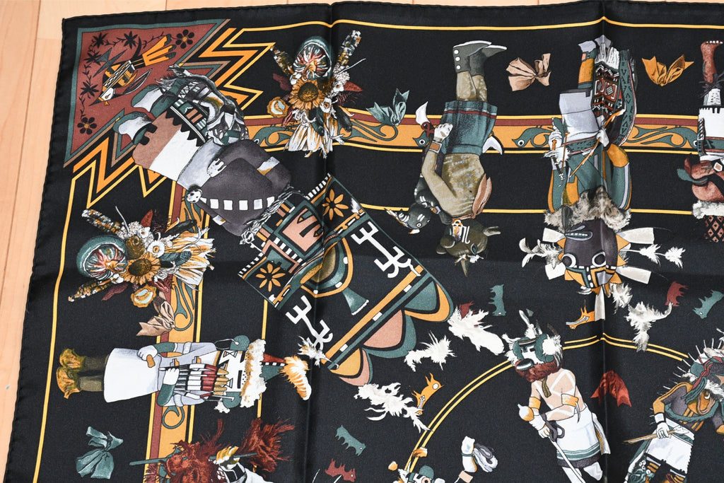 Hermes Scarf Kachina by Kermit Oliver 90 cm silk native black Carre 35" 034