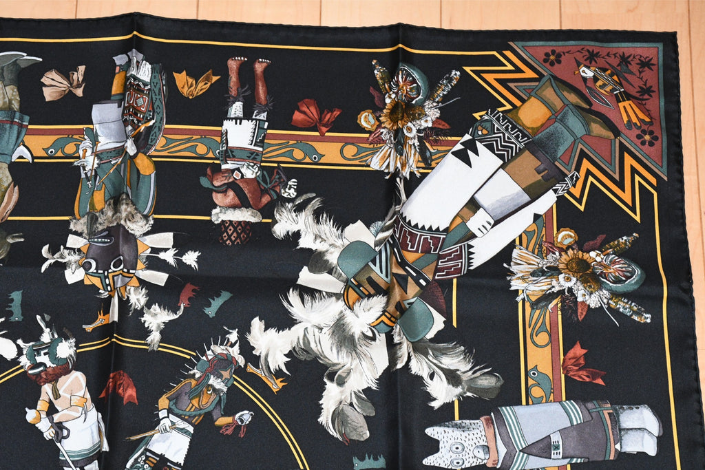 Hermes Scarf Kachina by Kermit Oliver 90 cm silk native black Carre 35" 034