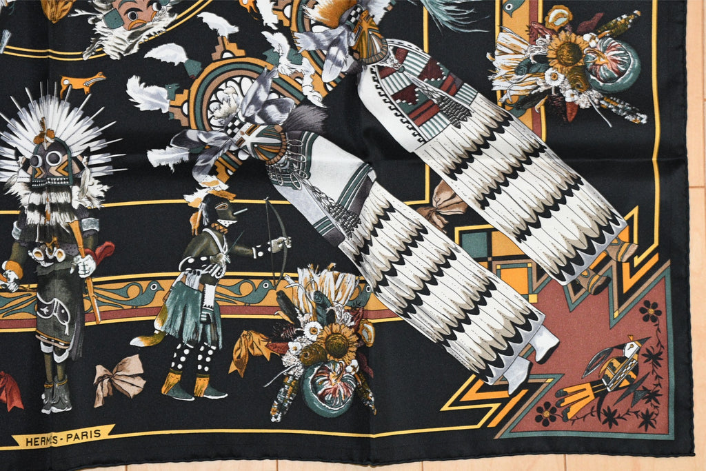 Hermes Scarf Kachina by Kermit Oliver 90 cm silk native black Carre 35" 034