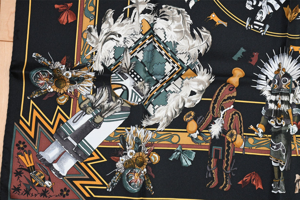 Hermes Scarf Kachina by Kermit Oliver 90 cm silk native black Carre 35" 034