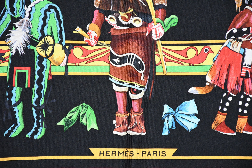 Hermes Scarf Kachina by Kermit Oliver 90 cm silk native black border red Carre 35"