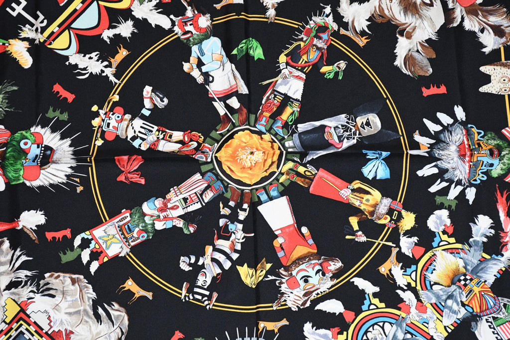 Hermes Scarf Kachina by Kermit Oliver 90 cm silk native black border red Carre 35"