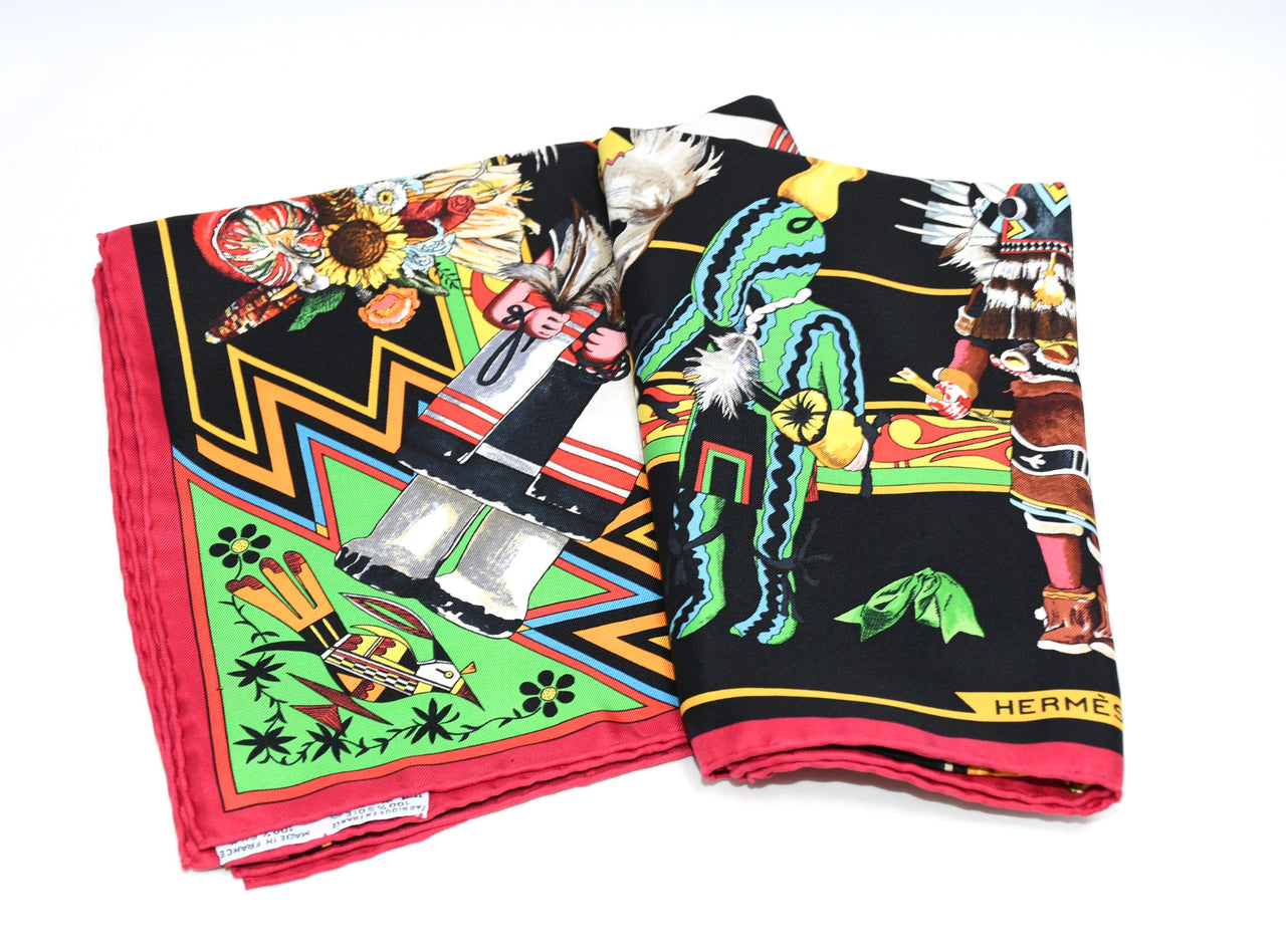 Hermes Scarf Kachina by Kermit Oliver 90 cm silk native black border red Carre 35"