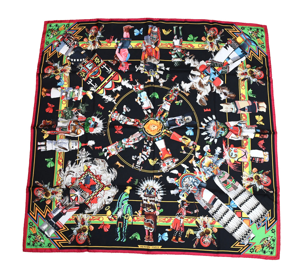 Hermes Scarf Kachina by Kermit Oliver 90 cm silk native black border red Carre 35"
