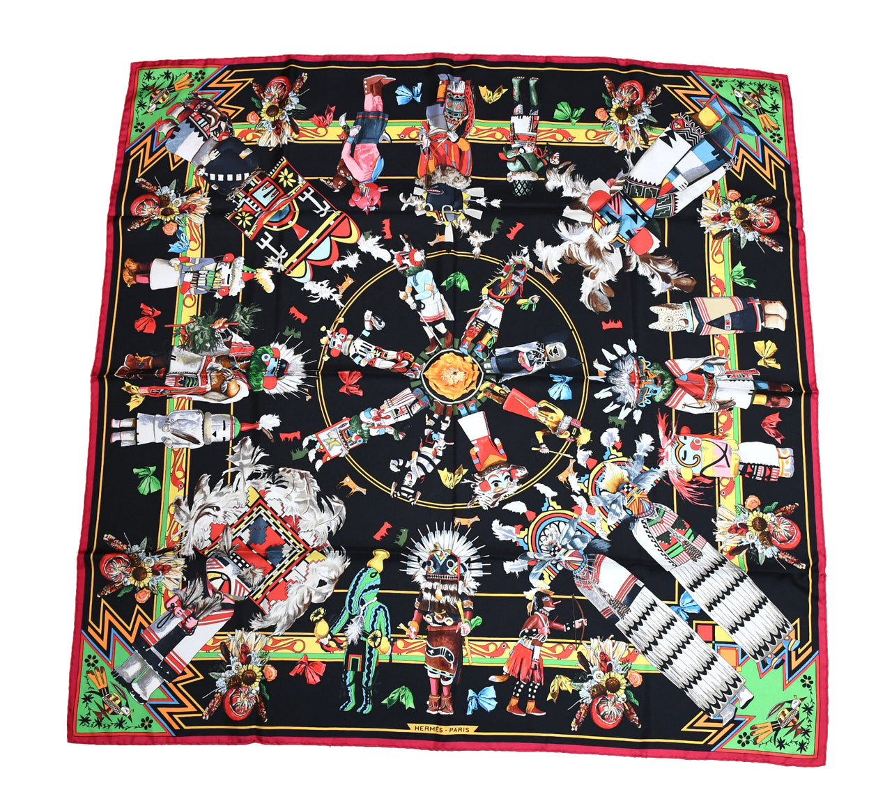 Hermes Scarf Kachina by Kermit Oliver 90 cm silk native black border red Carre 35"