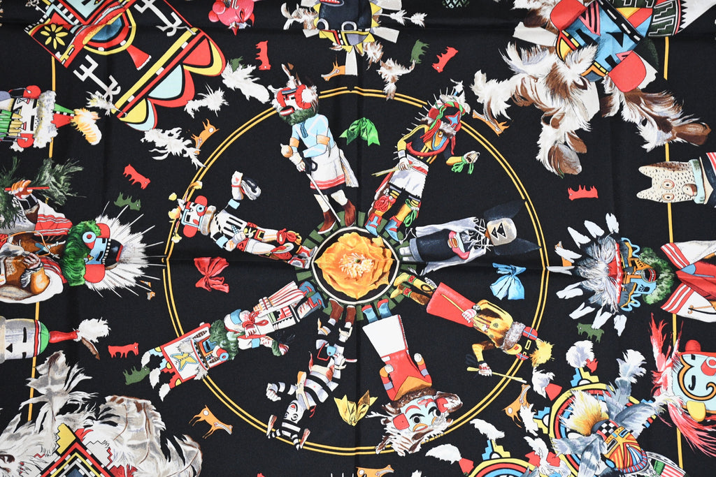Hermes Scarf Kachina by Kermit Oliver 90 cm silk native black border red Carre 35"