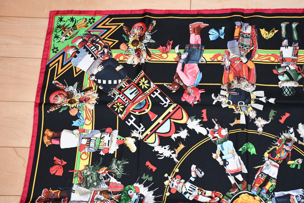 Hermes Scarf Kachina by Kermit Oliver 90 cm silk native black border red Carre 35"