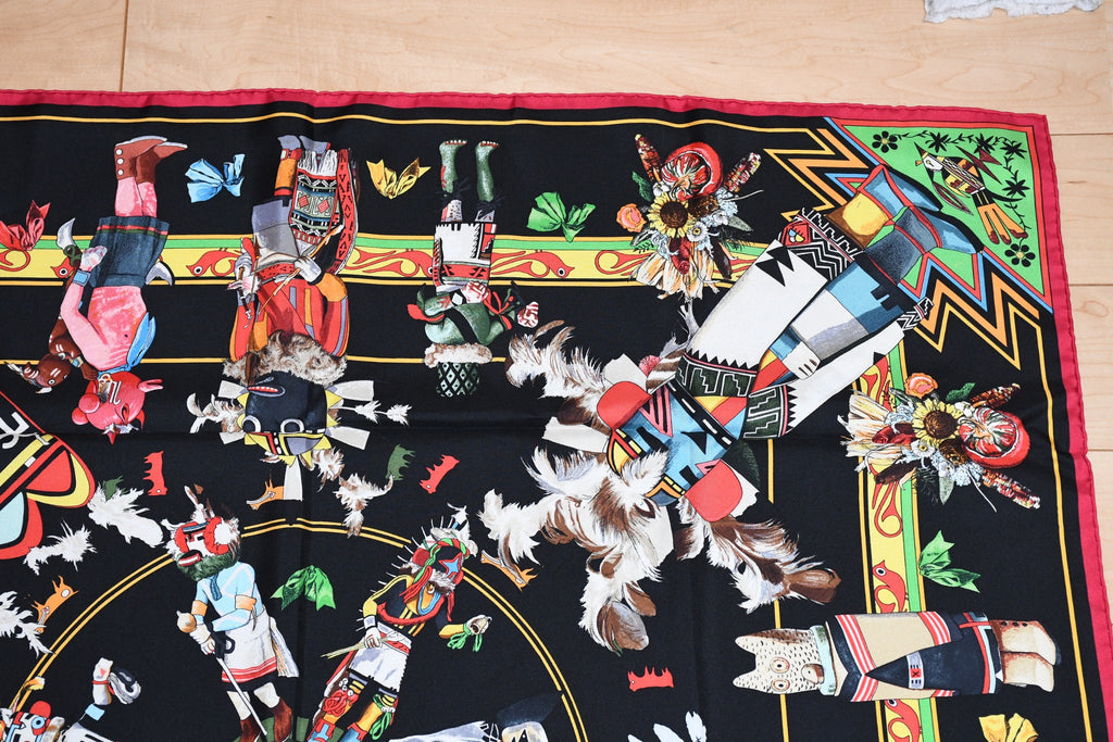 Hermes Scarf Kachina by Kermit Oliver 90 cm silk native black border red Carre 35"