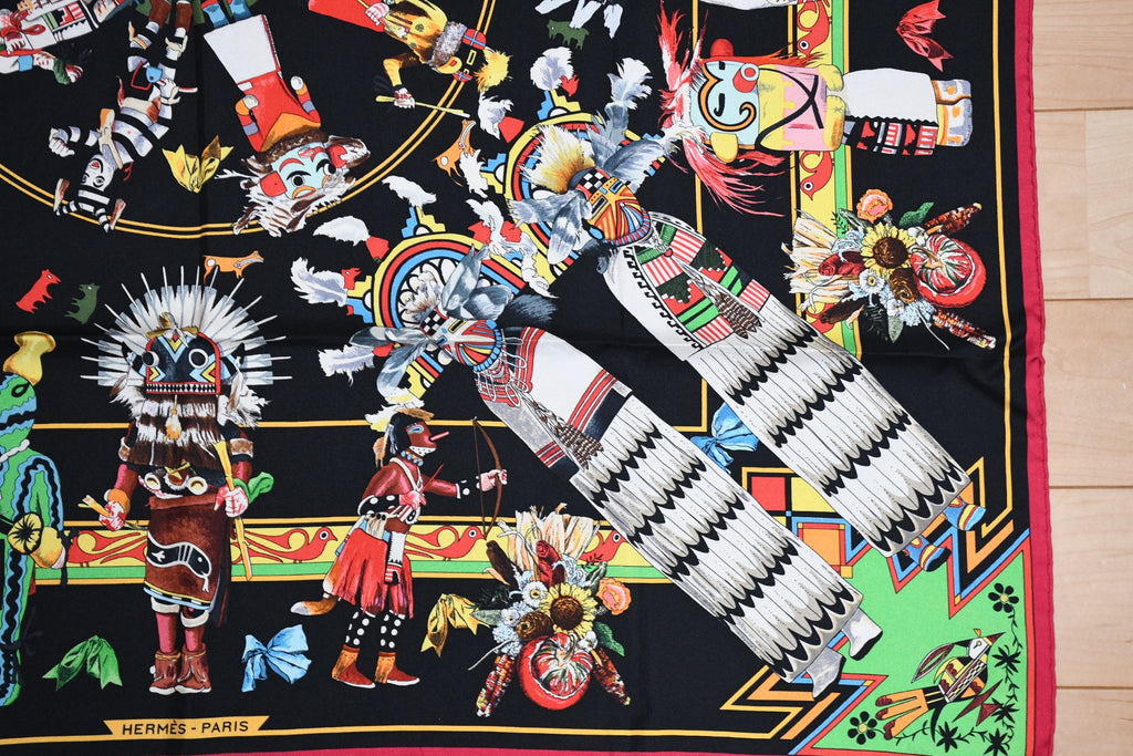 Hermes Scarf Kachina by Kermit Oliver 90 cm silk native black border red Carre 35"