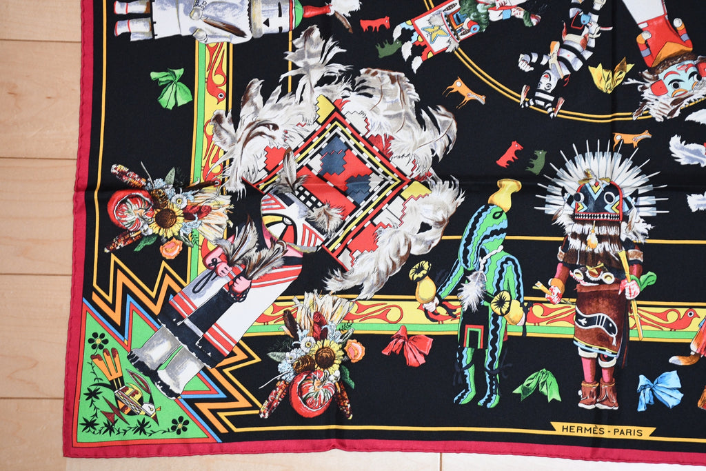 Hermes Scarf Kachina by Kermit Oliver 90 cm silk native black border red Carre 35"