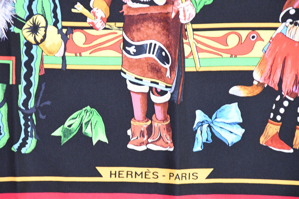 Hermes Scarf Kachina by Kermit Oliver 90 cm silk native black red Carre 35" 074