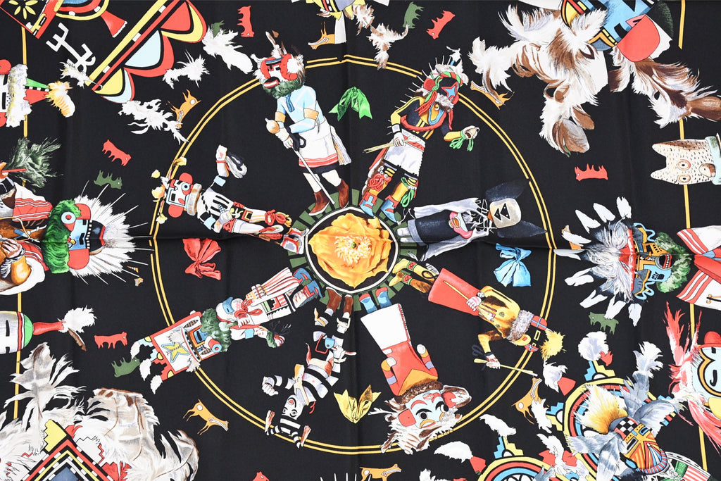 Hermes Scarf Kachina by Kermit Oliver 90 cm silk native black red Carre 35" 074