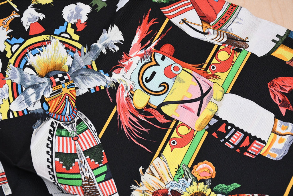 Hermes Scarf Kachina by Kermit Oliver 90 cm silk native black red Carre 35" 074
