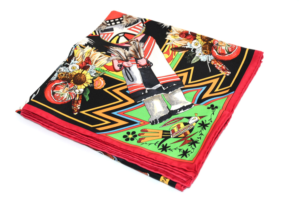 Hermes Scarf Kachina by Kermit Oliver 90 cm silk native black red Carre 35" 074